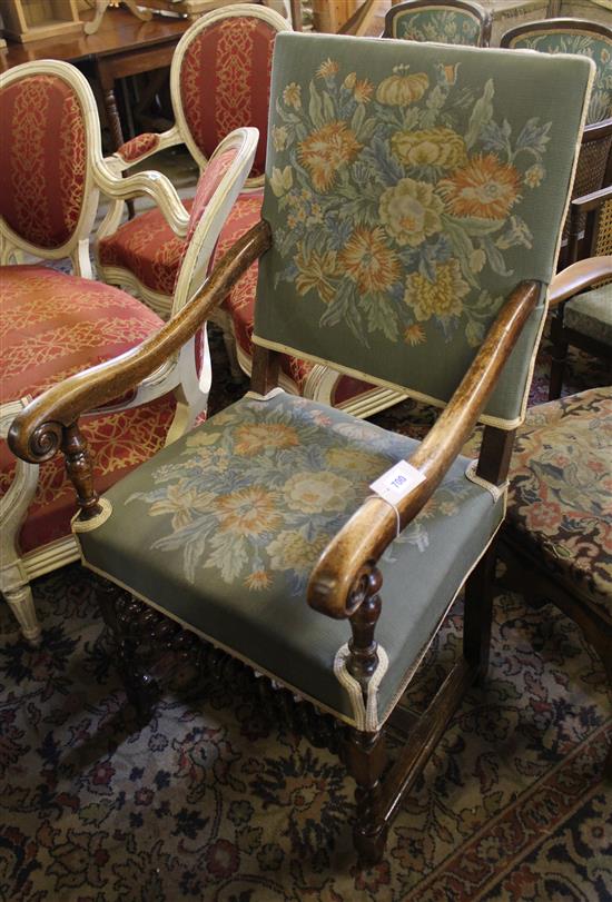 Pair of Cromwellian style stained beech open arm elbow chairs